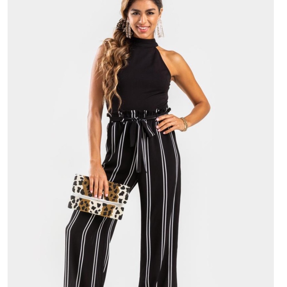 High Neck Stripe Jumpsuit